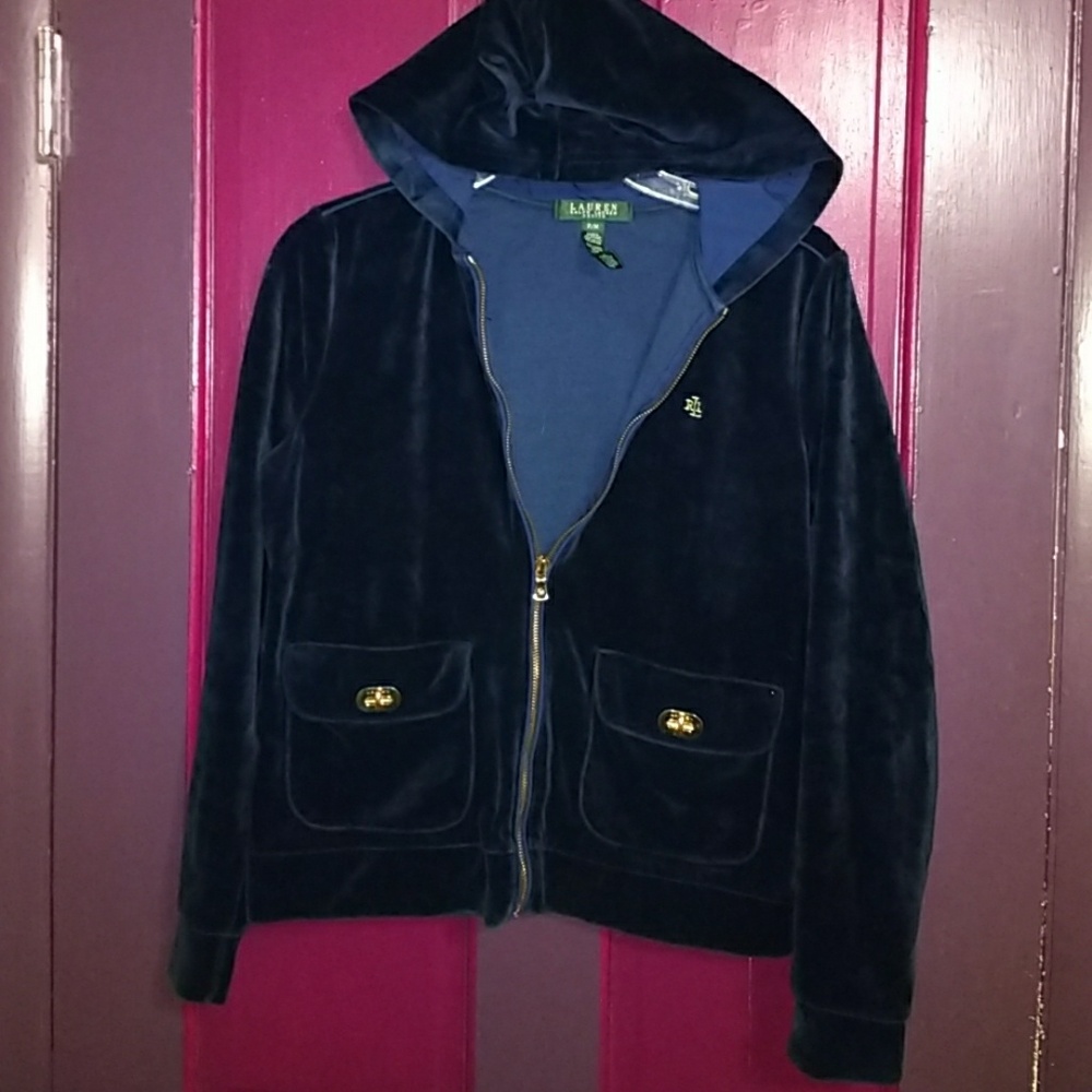 Lauren Ralph Lauren Navy Velvet Hooded Zip-Up Jacket with Gold Hardware
